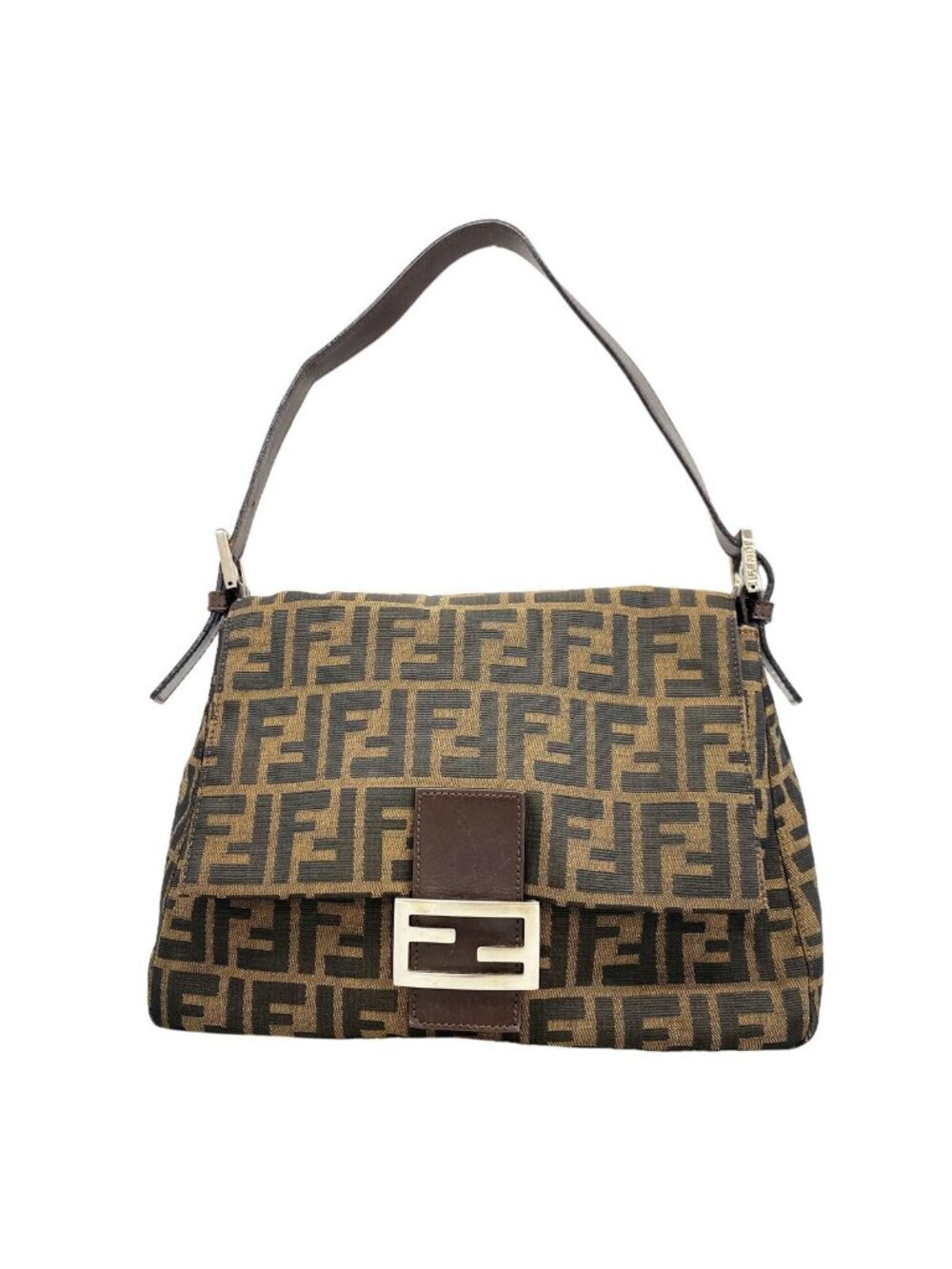 Fendi Handbag Zucca Nylon Canvas Brown Silver